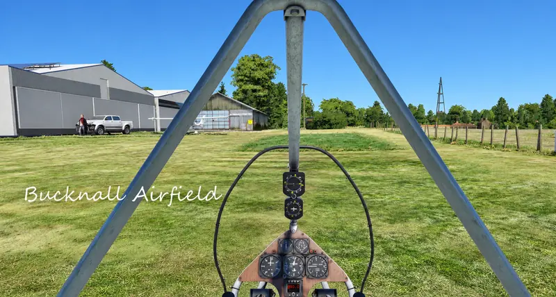 View from a flex-wing microlight cockpit lined up at Bucknall Airfield in Microsoft Flight Simulator