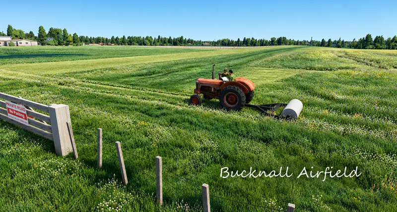 Tractor rolling the grass runway at Bucknall Airfield in Microsoft Flight Simulator