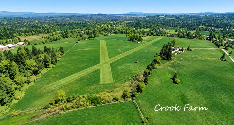 Aerial view of the crossed mown grass runways at Crook Farm airstrip in Microsoft Flight Simulator