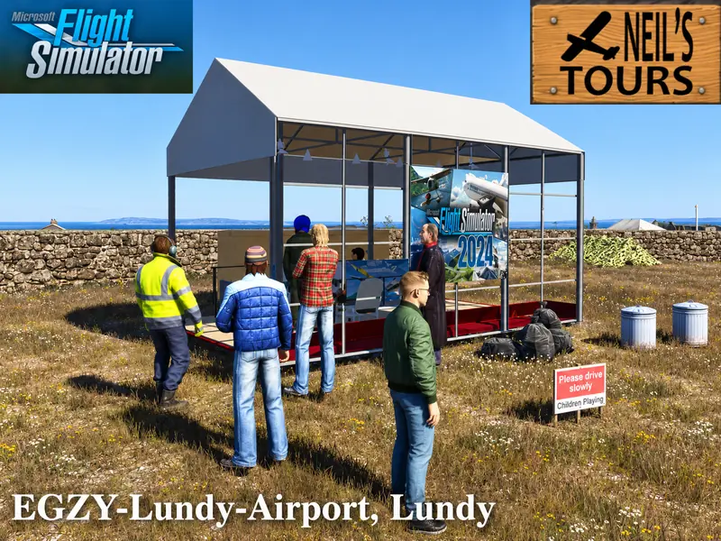 Visitors at the open-sided hangar on Lundy Island's grass airstrip in Microsoft Flight Simulator