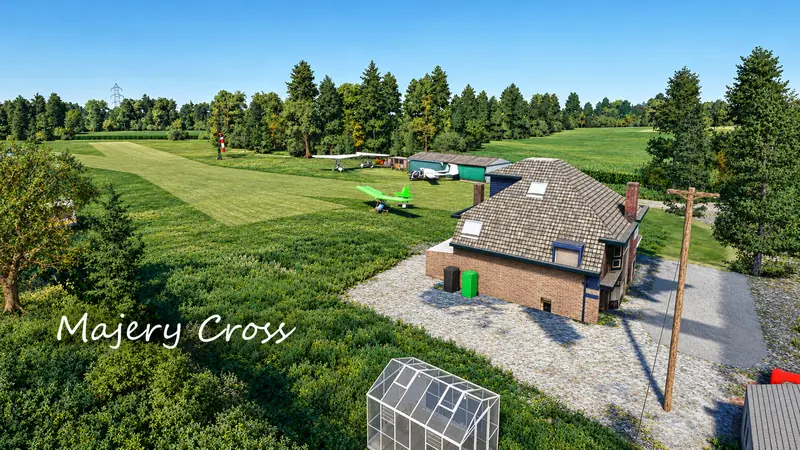 Mown grass strip, microlights and farmhouse at Majery Cross in Microsoft Flight Simulator
