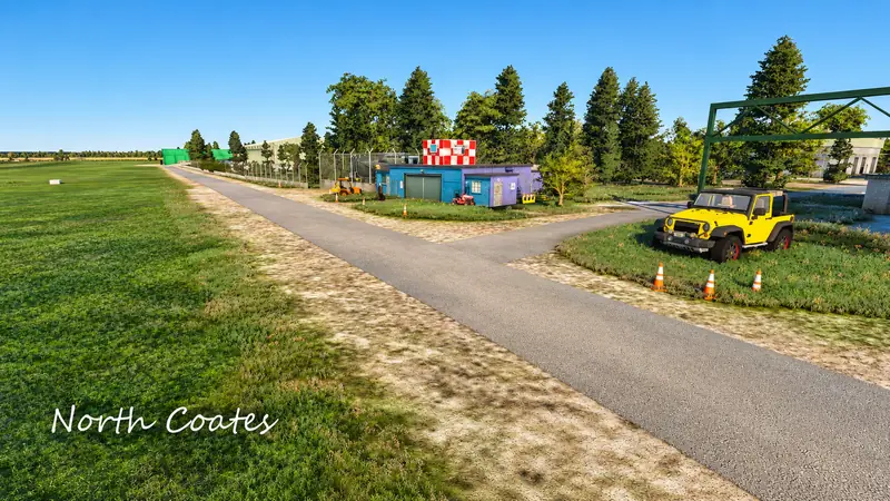 Taxiway, clubhouse and checkered control hut at North Coates airfield in Microsoft Flight Simulator