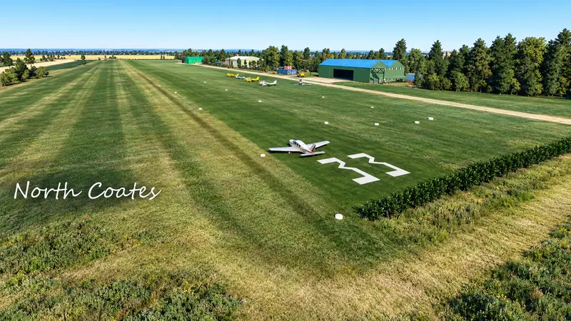 Painted runway 33 end number and parked aircraft on the grass at North Coates in Microsoft Flight Simulator