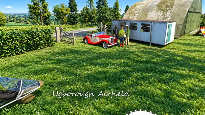 Classic red sports car and pilots by the clubhouse cabin at Ugborough Airfield in Microsoft Flight Simulator
