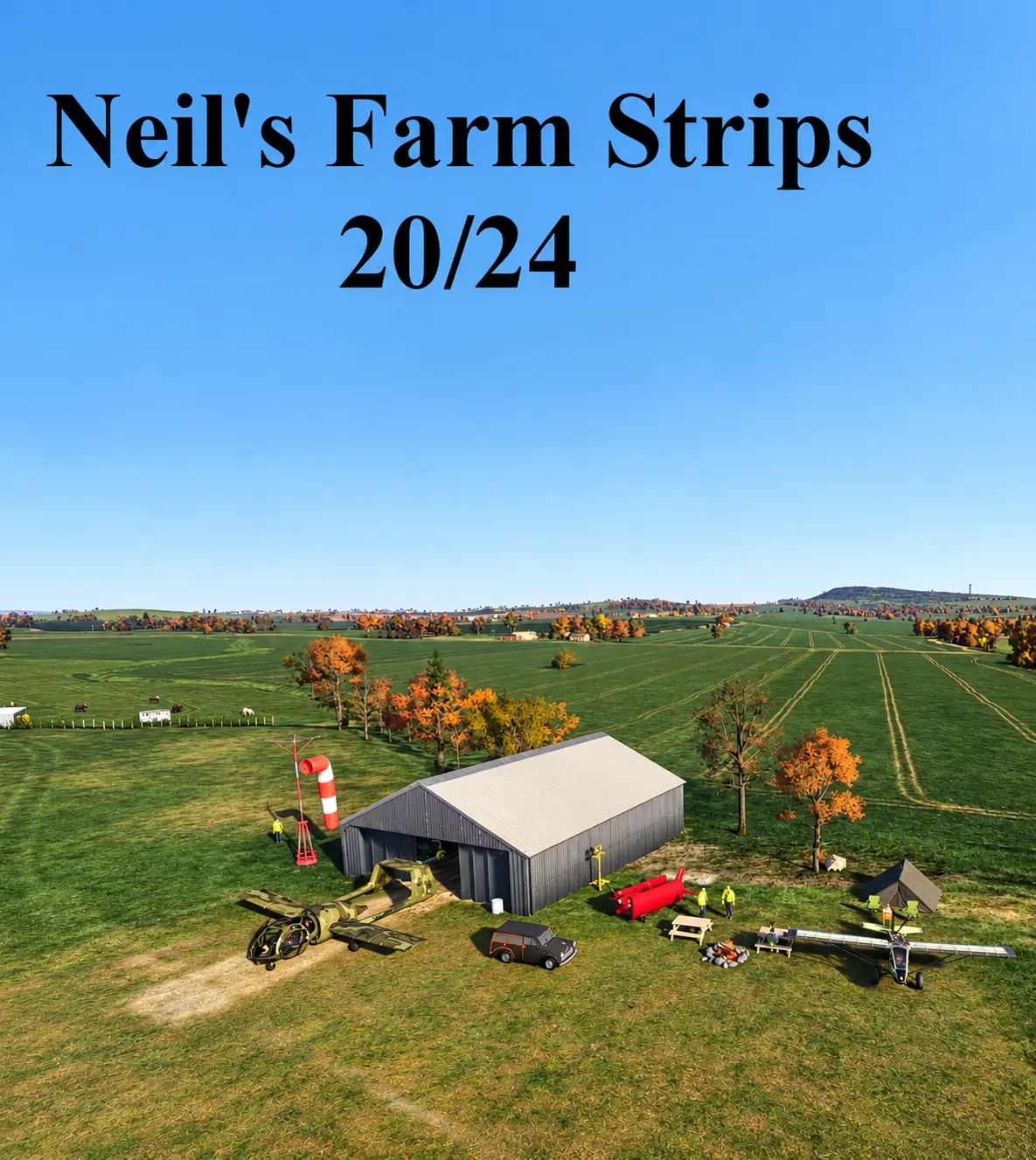 Neil's Farm Strips 20/24: hangar, windsock and light aircraft at a UK grass farm strip in Microsoft Flight Simulator